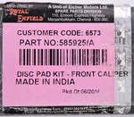 Royal Enfield Disc Pad Kit - Front Caliper Part Number 585925/A. Fixed Price $43.99.
